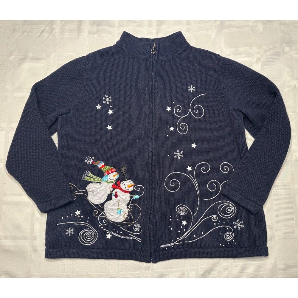 CJ Banks Sweater Women 1X Navy Blue Snowman Embroidered Full Zip Cardigan Winter